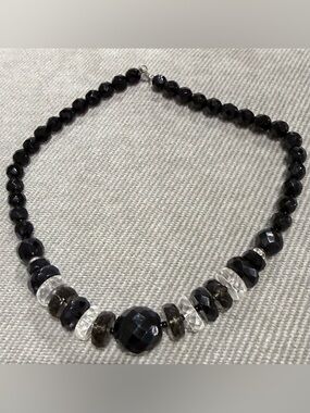 Faceted Black Bead Necklace with Clear Accents - Women Jewelry